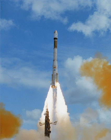 Launch of first Ariane 3, flight V10, from Europe's Spaceport in French Guiana, on 4 August 1984, carrying ECS-2 and Telecom-1A satellites. © ESA/CNES/Arianespace - https://www.esa.int/Enabling_Support/Space_Transportation/Ariane/40_years_of_Ariane