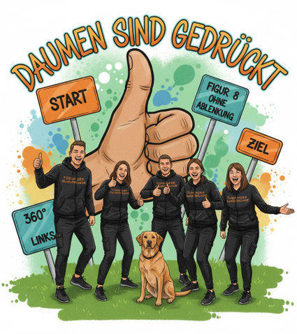 Fünf Personen in schwarzer Sportkleidung mit Aufschrift, alle zeigen Daumen hoch, vor einer großen Daumen-hoch-Illustration und mehreren Schildern mit Texten wie 'START', 'FIGUR 8 OHNE ABLENKUNG', 'ZIEL' und '360° LINKS'. Ein brauner Hund sitzt vorne.