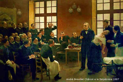 Charcot hypnotisiert eine Frau mit Hysterie. Viele Ärzte studieren seine Methode. 
