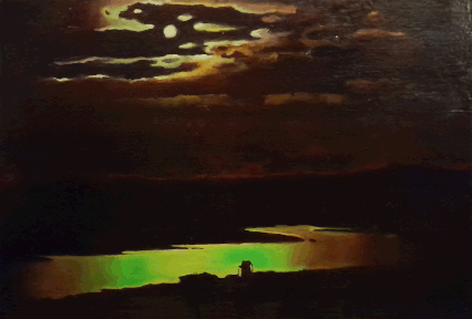 Dall'originale dipinto da Arkhip Kuinzhi: "Night on the Dniepr" (1882) eseguito in novembre 2023, olio su legno, cm (30x20)