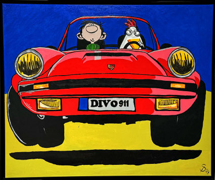 Pop-Art Gemälde von Divo Santino: roter Porsche 911 im Comic-Stil mit Acrylfarbe auf Leinwand
