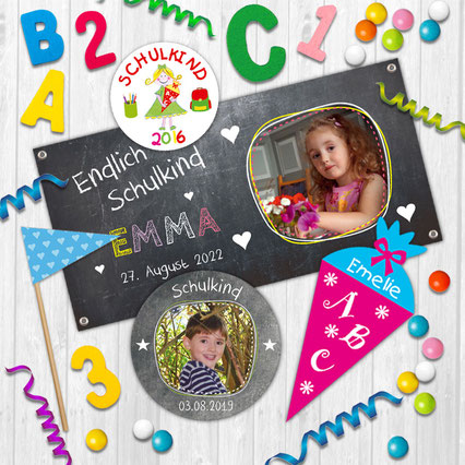 Eventaufkleber, Banner, Kuchenfähnchen für die Einschulung