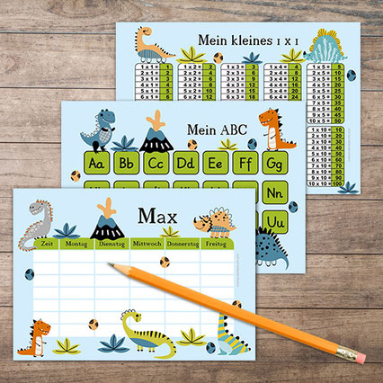 Stundenplan, ABC Lernposter und Kleines 1x1 Lernposter mit bunten Dinos
