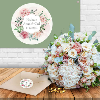 personalisierbarer Banner für Hochzeiten mit Blumenkranz
