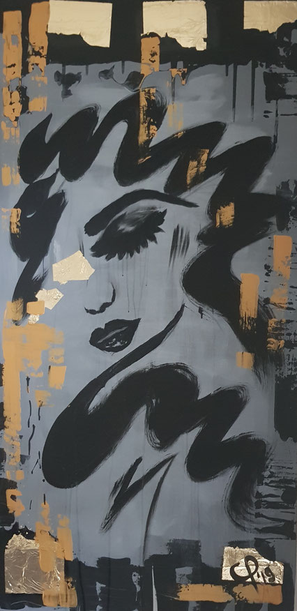 "Daydream" CP´19 in 70x140x5cm, Acryl auf Leinwand, Gold+Goldblättchen+Grau (Preis auf Anfrage)