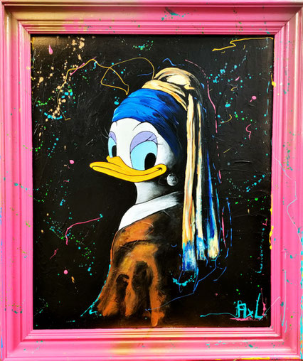 Tableau drôle revisite tableau la jeune fille à la perle avec le personnage de dessin animé daisy duck canard