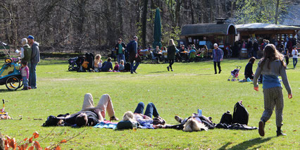 Liegewiese auf der Pfaueninsel im April: Menschen liegen im Gras und lassen sich von der Sonne bescheinen oder  laufen herum. Foto: Helga Karl
