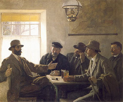 Harold Knight  'The Council' This was initially exhibited in 1915 as 'How to Win the War'.  It features Lamorna Birch and Robert Hughes in 'The Wink'