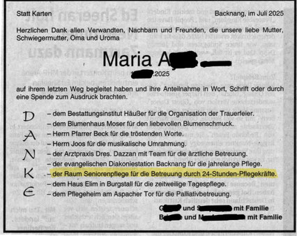 Juli 2025: Familie aus Backnang bedankt sich bei RAUM Seniorenpflege24 für die Betreuung
