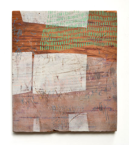 Plank No. 5, acrylic & drawing media on 3/4" reclaimed pine, 11 1/4"x 9 3/4", 2021. $375