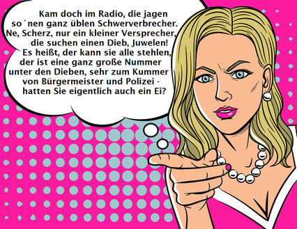 Comicbild, Frau mir schulterlangen graublonden Haaren, blaue Augen, pinkfarbene Lippen, weiße Knopfohrringe, weiße Kungeln-Halskette, pinkfarbenes Oberteil mit weißem Rand,rechterZeigefinger ausgestreckt nach vorne weisend