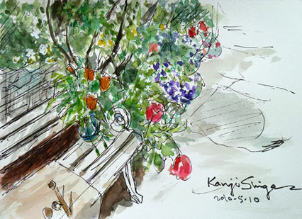 鎌倉市・腰越海岸の花のあるベンチ