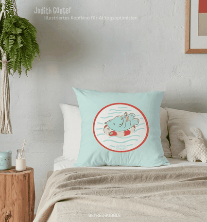 Kissen mit Tiermotiven – Nilpferd Flusspferd Schwimmreif lustig – Illustration Judith Ganter – bei Redbubble – Globaler Online-Marktplatz für Print-on-Demand-Produkte - Geschenkideen mit Bildern