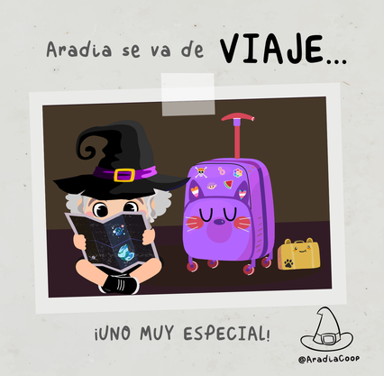 La bruja Aradia mira un mapa interdimensional, a su lado, una maleta con un montónd e parches y una maletita de un gatito porque ¡Aradia se va de viaje! ¡Uno muy especial! @AradiaCoop