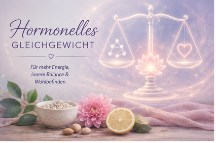 eine Waage die ausgerchtet ist. Zitrone, Nüsse und eine Blume mit Samen sind zu erkennen