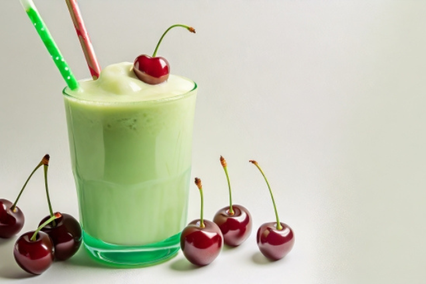 さくらんぼがあしらわれたクリームソーダーのグラス。