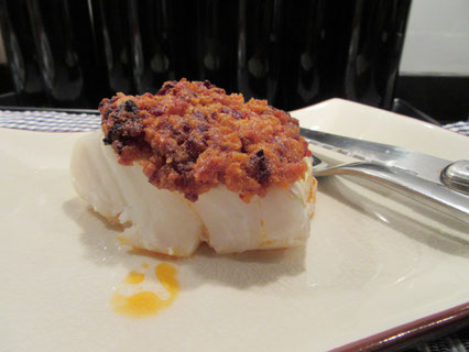Pavé de cabillaud, crumble aux épices des Indes Martin-Pouret