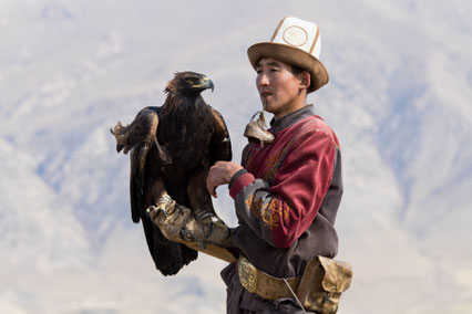 Before setting the eagle free, Salavat revomed the leather hood of his eagle.