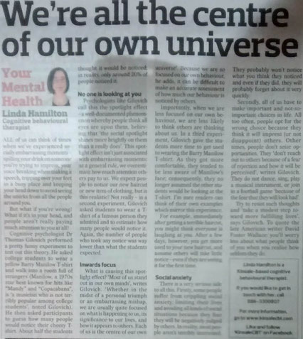 CBT therapist Linda Hamilton's column on the spotlight effect.