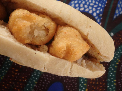 Akara in tapalapa bread, Gambia, street food