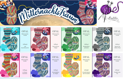 Das Foto zeigt die Farbkarte des Sockengarns Opal Mitternachtstraum