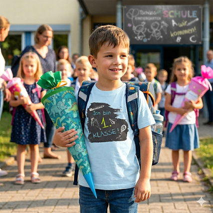 Junge mit Schultüte und Einschulungshirt mit Tafel-Design: Ich bin 1. Klasse