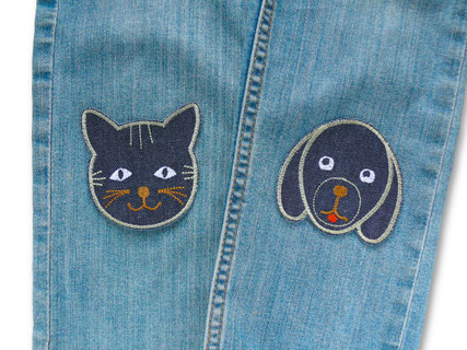 Hund und Katze Patch zum aufbügeln aus dunkelblauem Jeansstoff