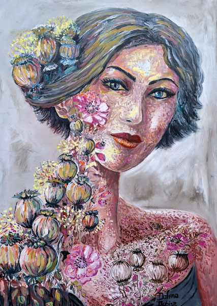 This unique contemporary painting reveals the subtle duality of the female body and inner world.  The silent poppies exude a dreamlike trance while holding lasting value for collectors.Contemporary, Feminine, Duality, Dreamlike, Poppies, Body and Soul, Sy