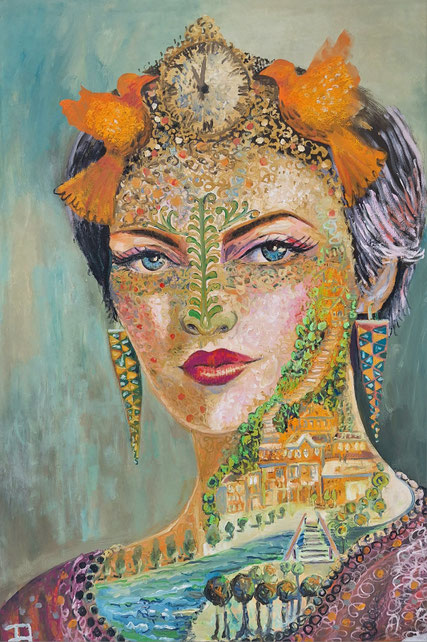A hand-painted, one-of-a-kind portrait blending feminine beauty with the passage of time and the richness of the inner world. The intricate face merges with landscapes, a clock, and birds – full of symbolism and depth.