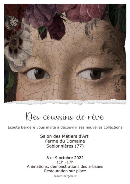 Carton d'invitation au salon des métiers d'art à Sablonnières 8 et 9 octobre 2022 à Sablonnières (77), Ecoute Bergère y présente ses nouvelles collections