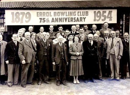 Scot Symon (1872-1955), front, third from left, at gathering to celebrate 75th anniversary of Errol bowling club in 1954. Photo from Errol bowling club website. 