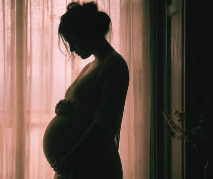 Melancholie von werdender Mutter, die in schwarz-weiß Ansicht mit Rosé seitlich vor einem Fenster steht und schützend die Hand auf ihren Bauch hält, symbolisch für die emotionale Belastung bei Leihmüttern und dem Bindungstrauma bei Babys - mein schützling