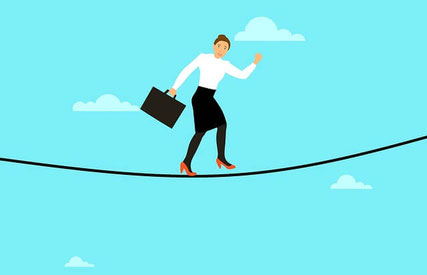 Nervous woman walking on tightrope.
