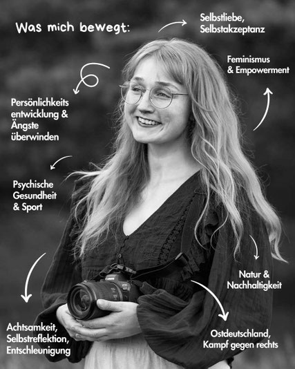 Mittig ein Portrait der Fotografin Malina Bura und drum herum Pfeile und Stichpunkte zu Themen, die ihr wichtig sind: Ostdeutschland, Selbstliebe, Feminismus, psychische Gesundheit, Kampf gegen Rechts