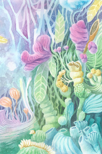 Im Vordergrund blaue Korallen, gelbe und pinke Fantasieblumen. Im Hintergrund ein Vollmond, abstrakte helle Äste und durchscheinender Nachthimmel mit Sternen