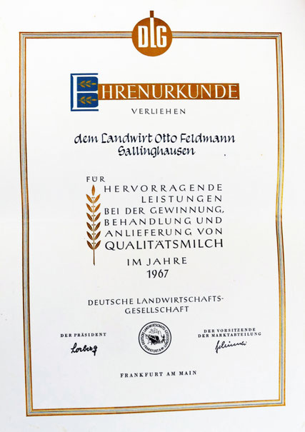 Für mehrere Jahre erhielt Otto Feldmann (hier für 1967) für hervorragende Leistungen bei der Milcherzeugung Ehrenurkunden verliehen. 
