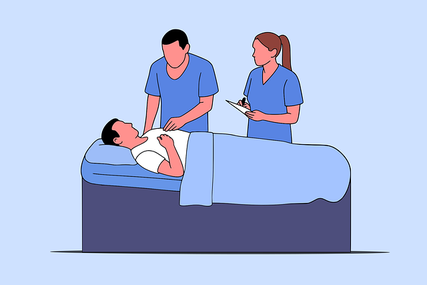 Grafik: Zwei Ärzte am Krankenbett - gute Kommunikation ist hier wichtig | Heilpraxis Markus Dankesreiter Regensburg