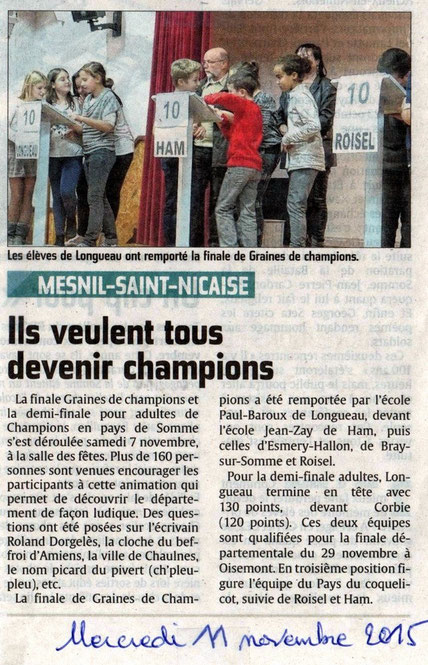 Demi finale à Mesnil Saint Nicaise - Article du Courrier Picard  - Novembre 2015