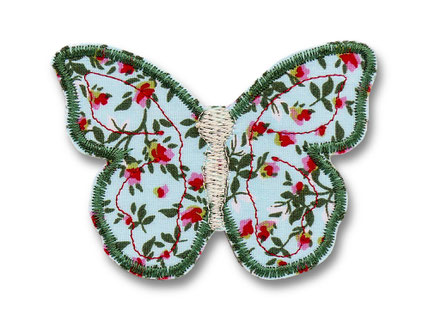 Bild: gestickter schmetterling patch zum aufbügeln in grün-hellblau, blütenmuster bügelflicken butterfly
