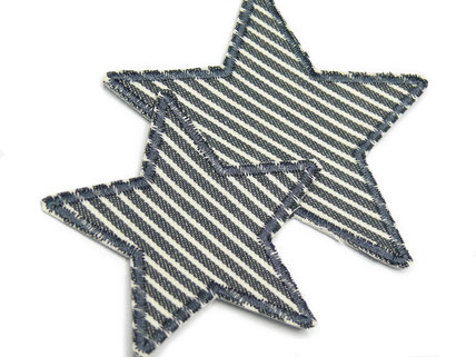 !B zwei grau gestreifte Stern Jeansflicken zum aufbügeln für Kinder oder Erwachsene als Flicken zum reparieren von Hosen.
