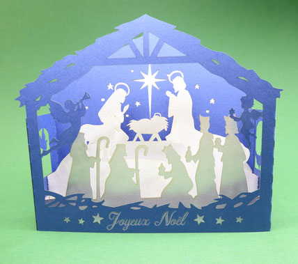 Carte diorama crèche de Noël bleu et argent