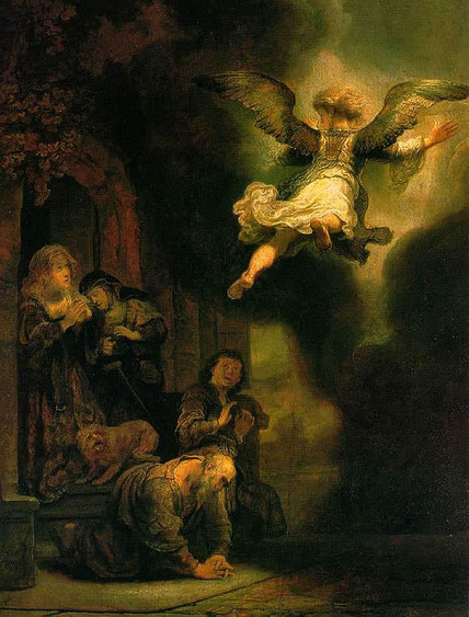 Rembrandt - le Départ de l'ange - 1637 - Musée du Louvre - On remarque la présence du chien sur le dos de Tobit le père