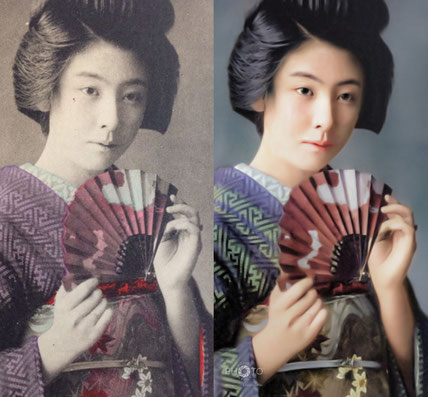 修復・色再現 作業前→作業後比較　明治・大正期の彩色された美人絵葉書