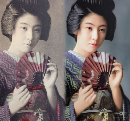 修復・色再現 作業前→作業後比較　明治・大正期の彩色された美人絵葉書