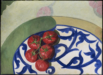 francois beaudry watercolor and gouache painting still life tomatoes plate blue table series study 1