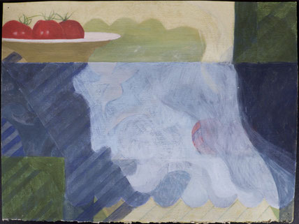 francois beaudry watercolor and gouache painting still life tablecloth tomatoes plate blue table series study 3