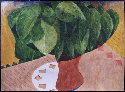 francois beaudry watercolor and gouache painting still life flowerpot leaves tablecloth blue table series study 6