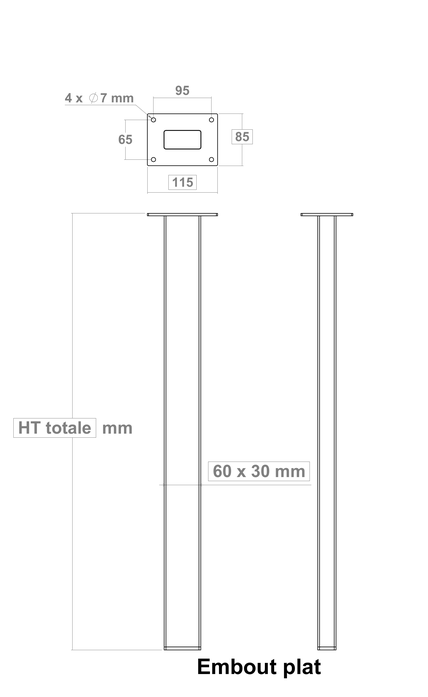 Dimensions pied de table droit pour cuisine SimpYa sur-mesure