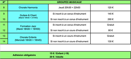 Horaires & Tarif Chorale & Groupes Musicaux