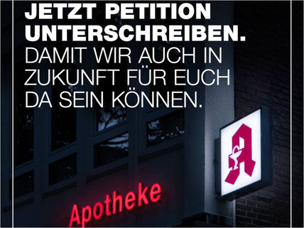 Jetzt Petition unterschreiben. Damit wir auch in Zukunft für euch da sein können. Apotheken A bei Nacht.